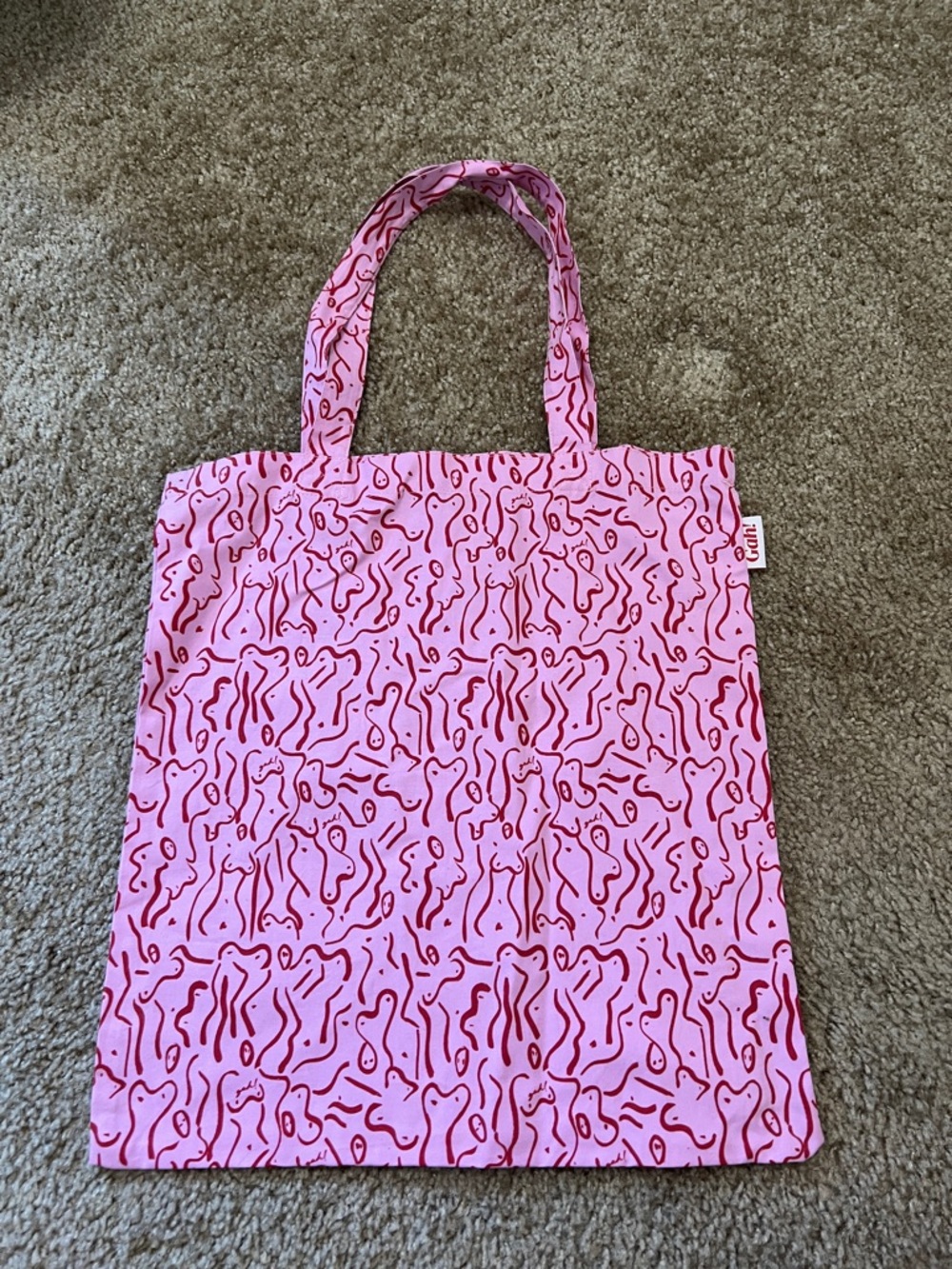 Lisa Says Gah Pink Tote with Red Squiggle Print